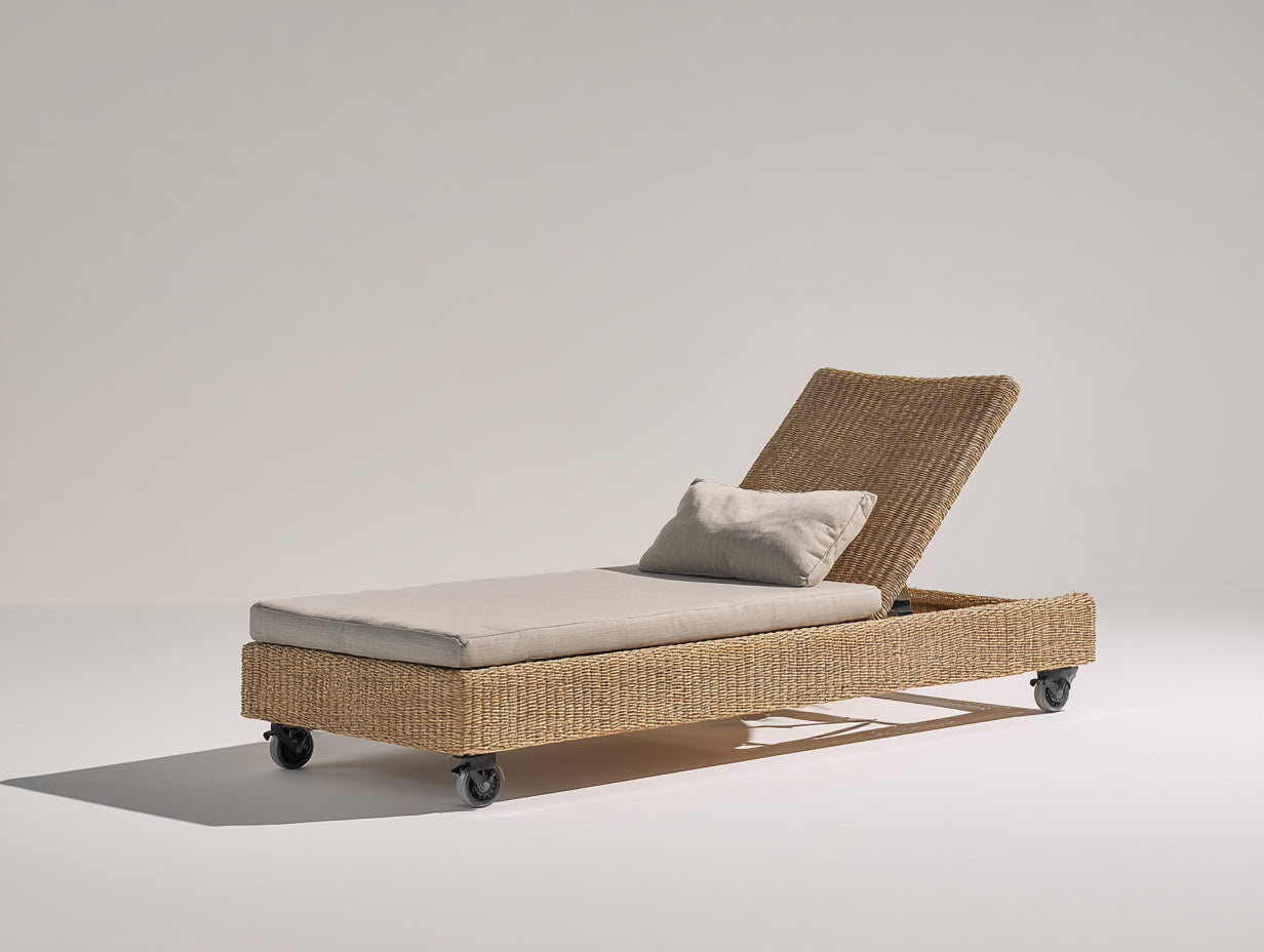 Lettino prendisole - Rattan-Tessuto - 202x70x94 cm - Sabbia-Beige chiaro - Design lineare con ruote