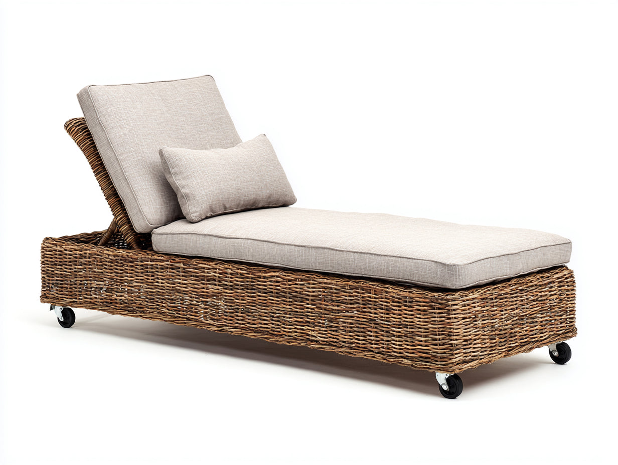 Lettino prendisole - Rattan-Tessuto - 210x80x98 cm - Marrone rustico-Beige - Stile classico con ruote