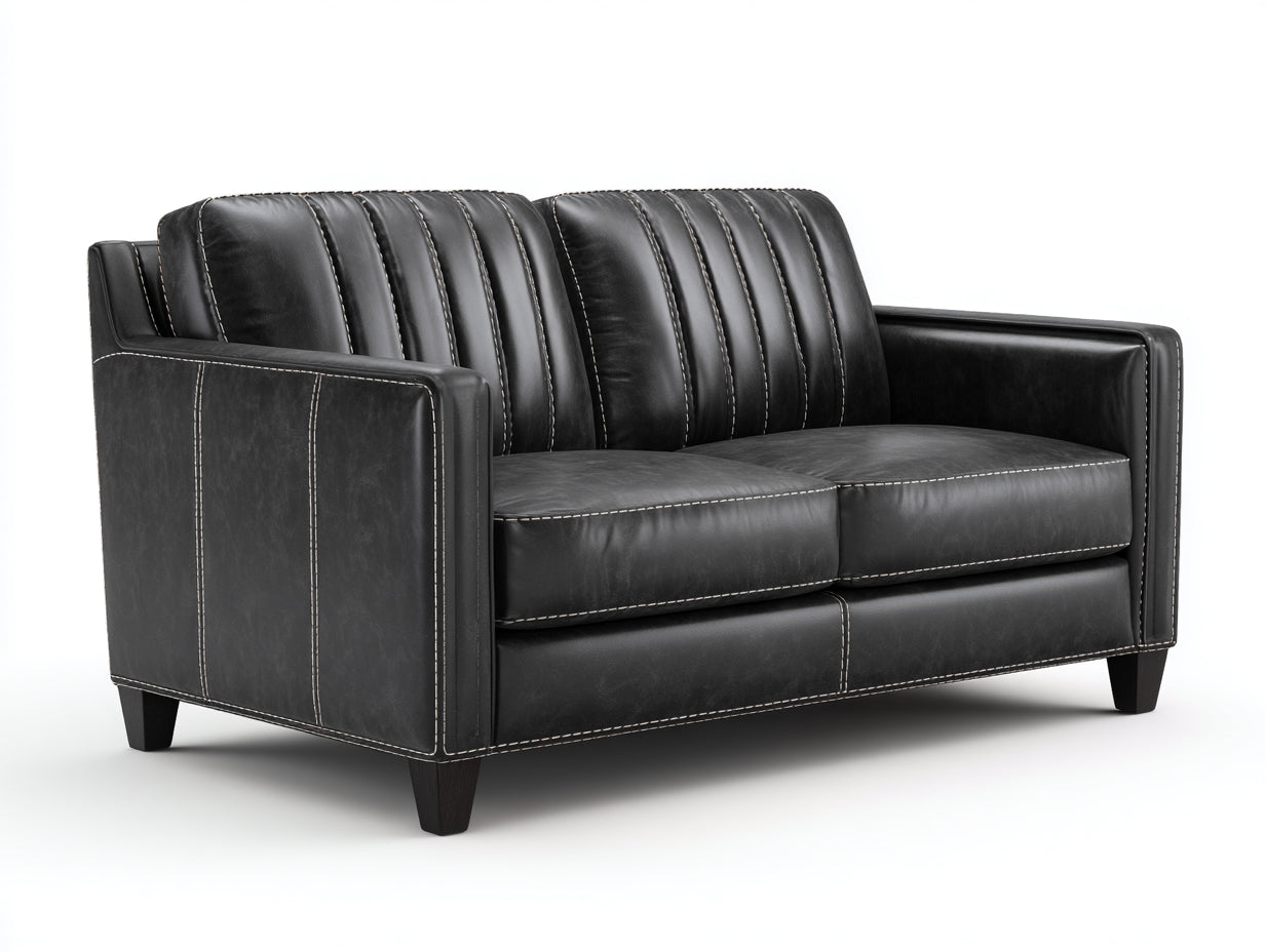 Divano a due posti - Pelle - 174x87x86 cm - Nero grafite - Stile contemporaneo con cuciture a contrasto