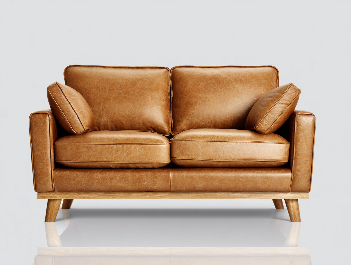 Divano a due posti - Pelle - 172x86x84 cm - Cuoio chiaro - Stile nordico con base rialzata