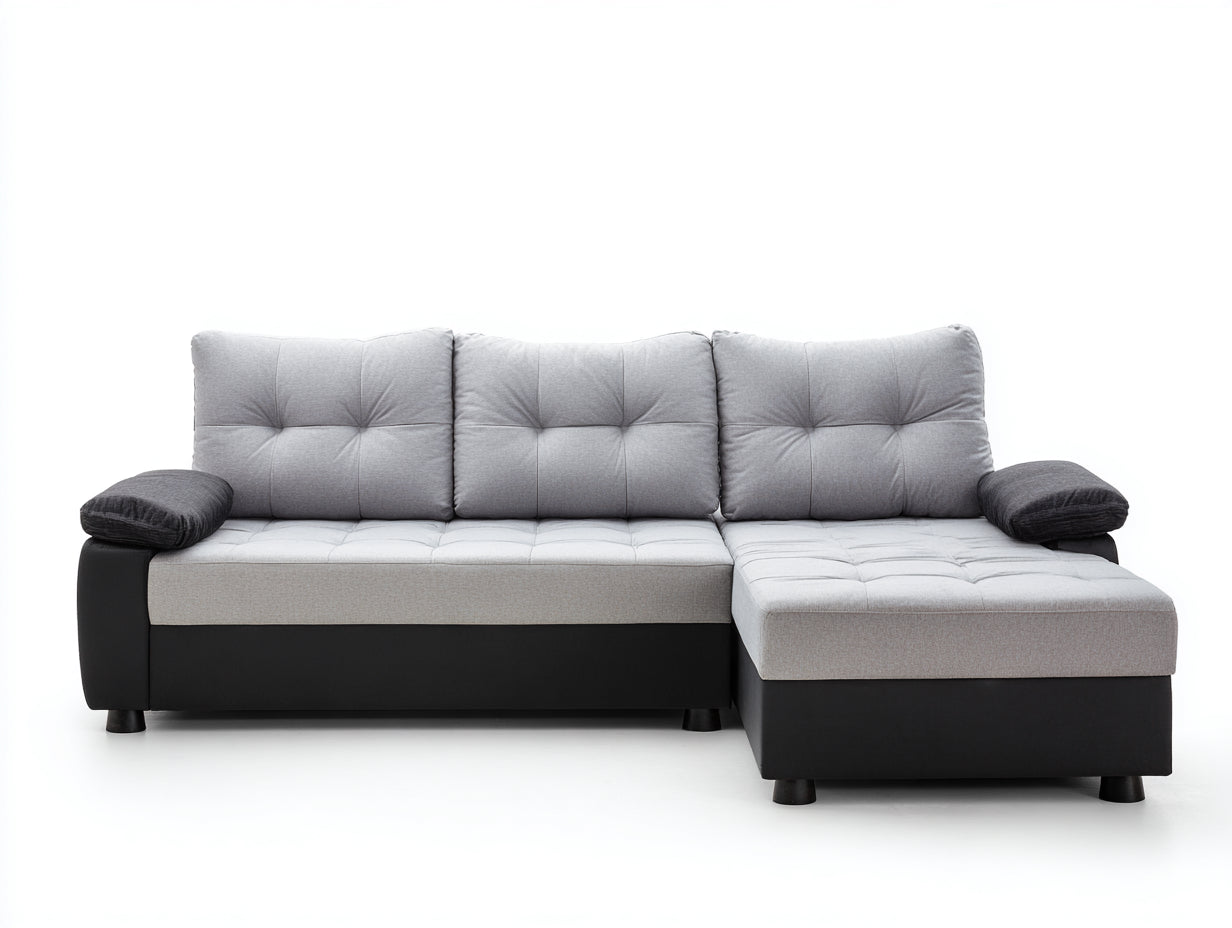 Divano angolare - Tessuto-Similpelle - 246x160x88 cm - Grigio chiaro-Nero - Stile contemporaneo
