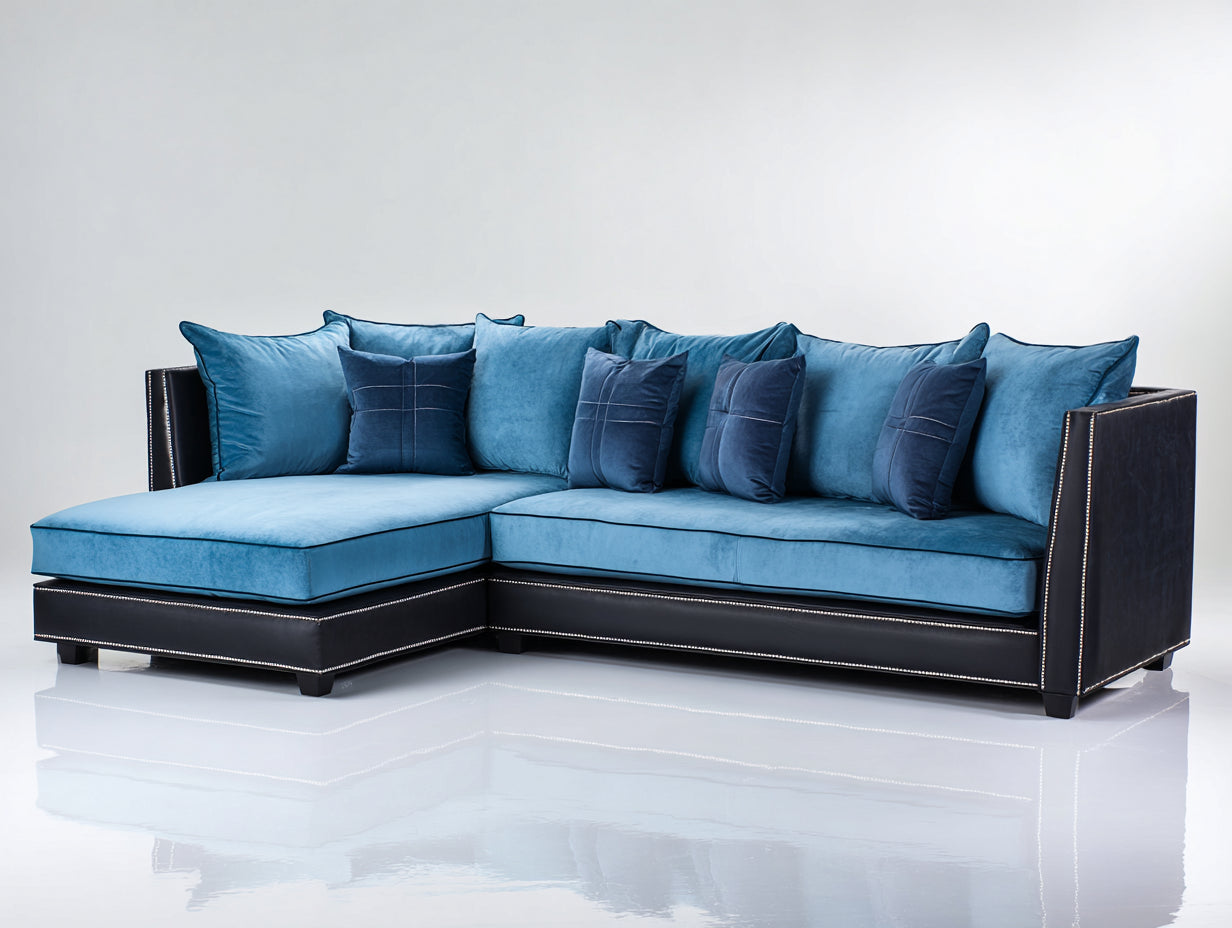 Divano angolare - Velluto-similpelle - 292x181x92 cm - Blu-Nero - Stile elegante