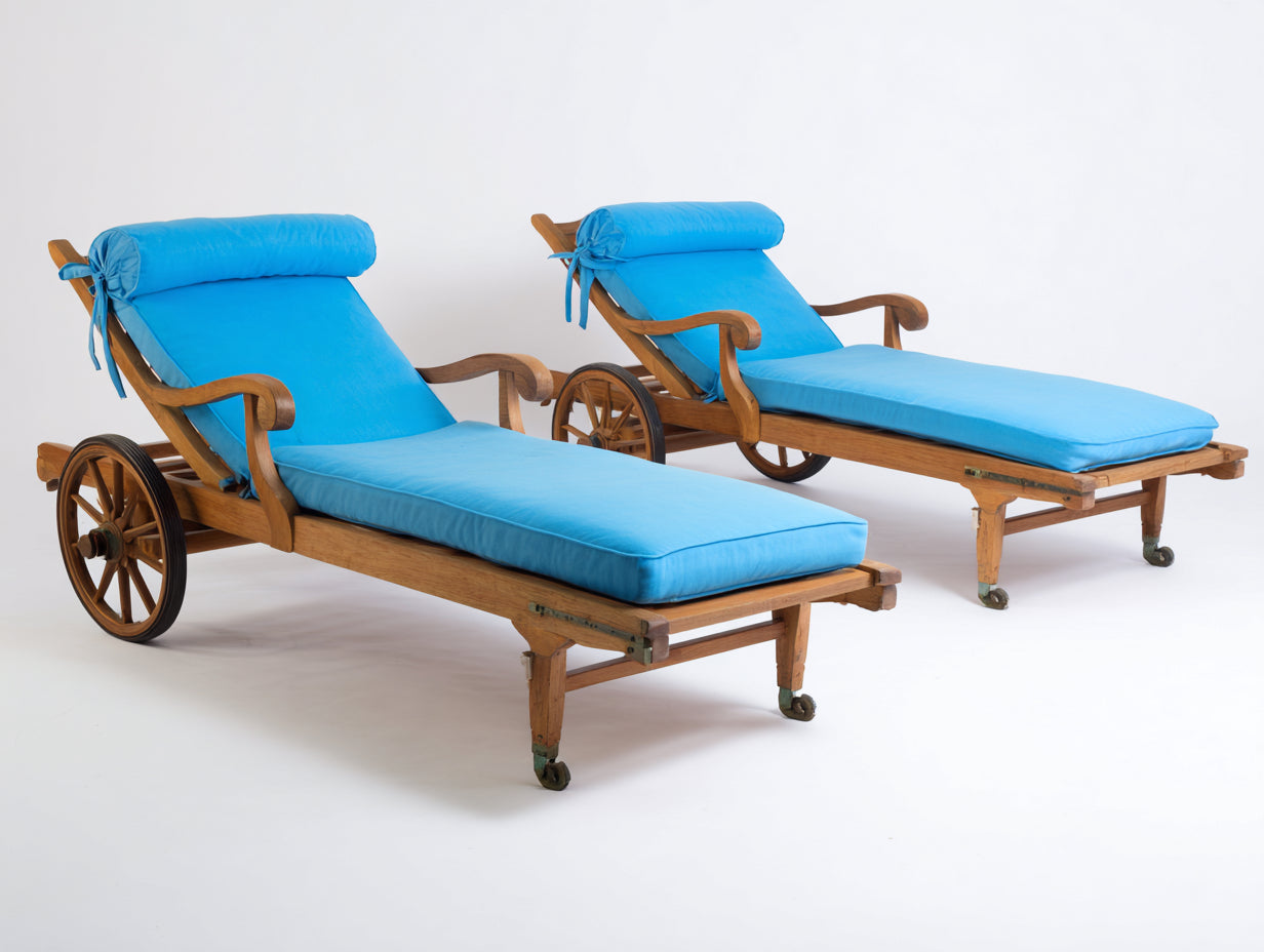Lettino prendisole - Legno di teak-Tessuto - 210x78x96 cm - Teak naturale-Blu turchese - Stile retrò con braccioli