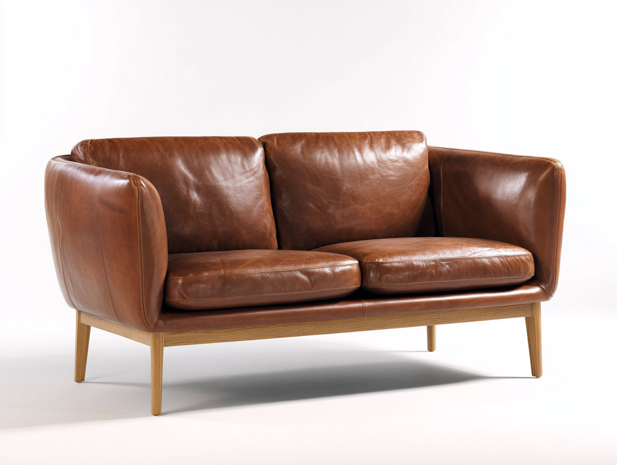 Divano a due posti - Pelle - 170x84x82 cm - Marrone cuoio - Stile contemporaneo con profilo avvolgente