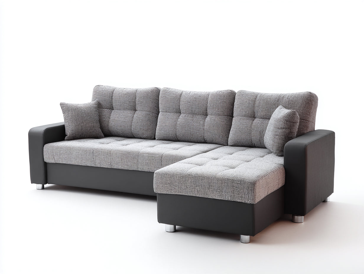 Divano angolare - Tessuto-Similpelle - 252x164x84 cm - Grigio chiaro-Nero - Stile moderno
