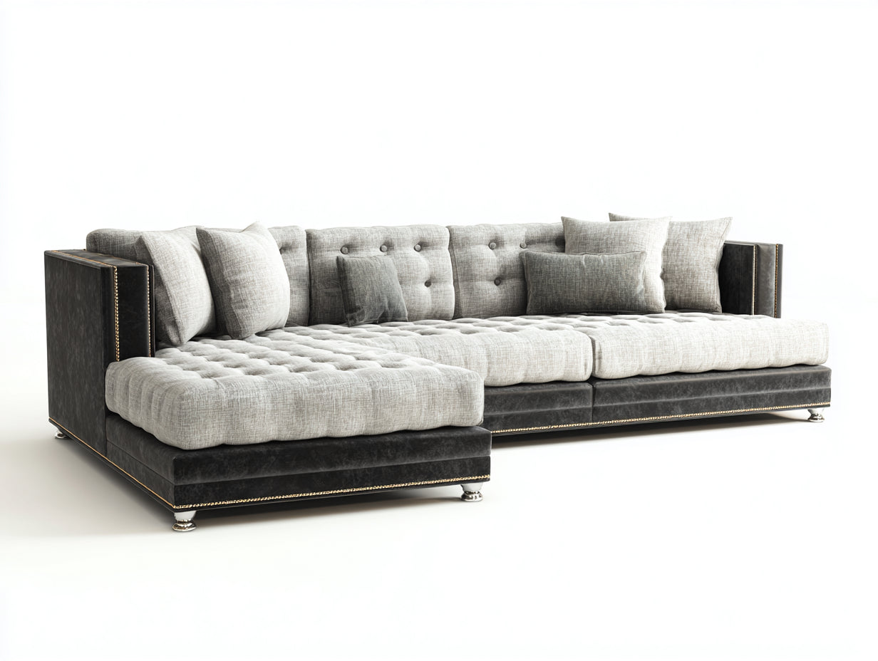 Divano angolare - Tessuto-Similpelle - 305x185x86 cm - Beige-Antracite - Stile elegante