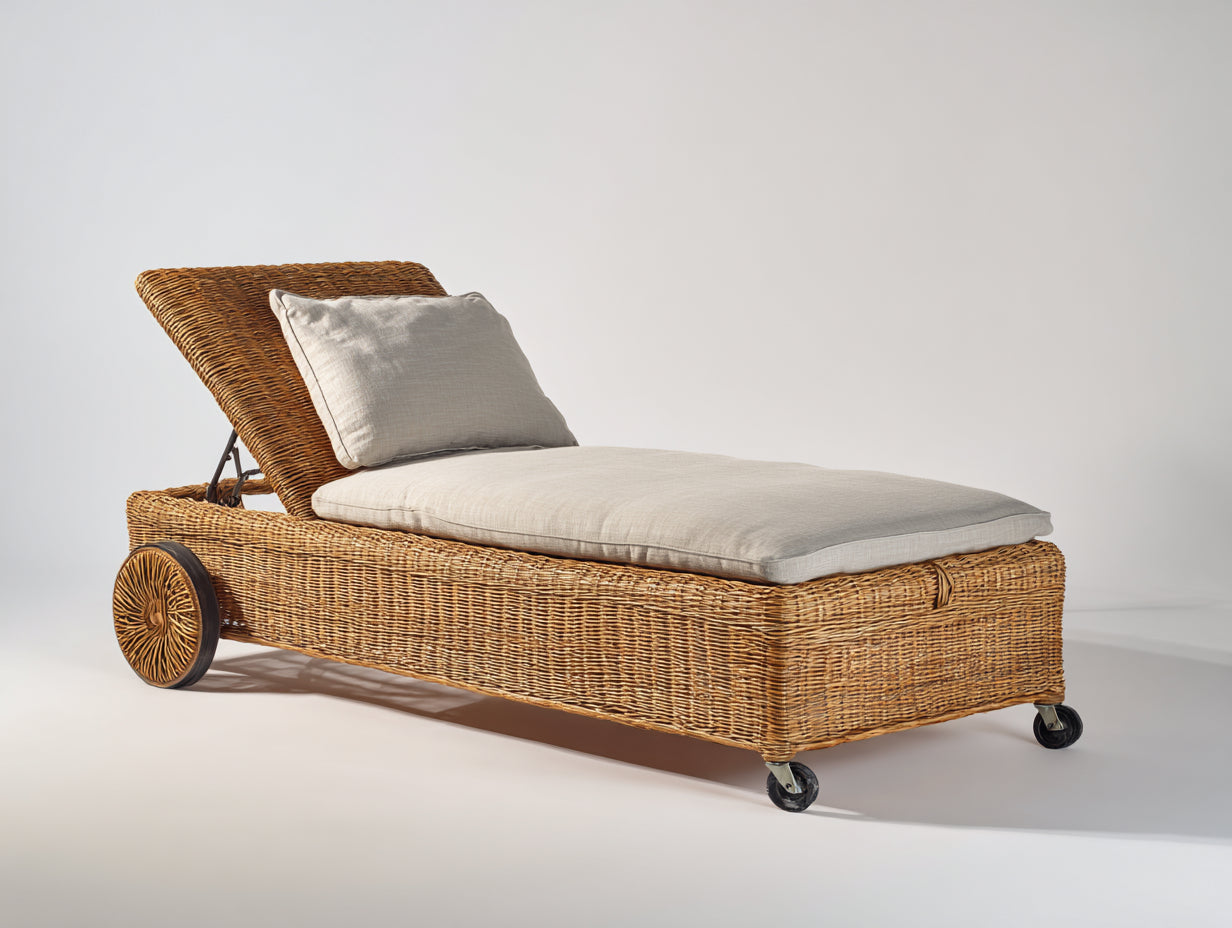 Lettino prendisole - Rattan sintetico-Tessuto - 212 x 78 x 95 cm - Naturale-Beige - Design moderno con schienale regolabile e ruote