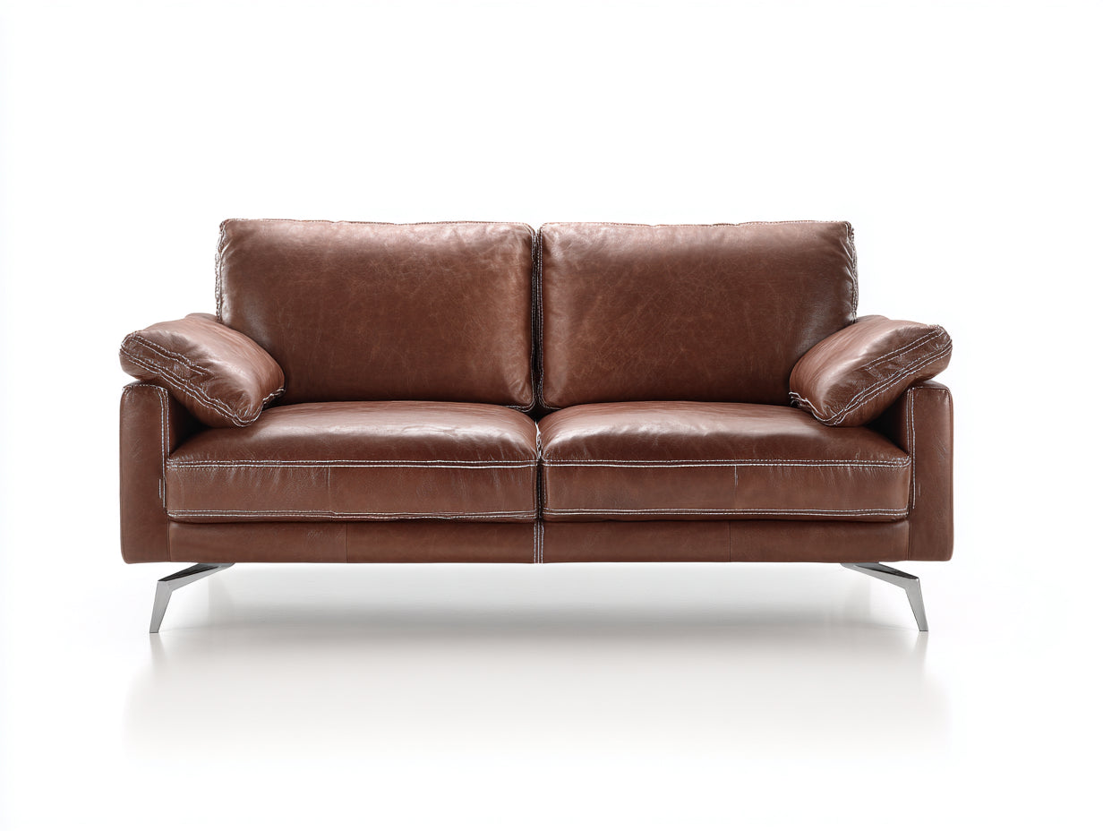 Divano a due posti - Pelle-Metallo - 176x91x85 cm - Marrone castagna-Argento - Stile contemporaneo con cuciture a contrasto