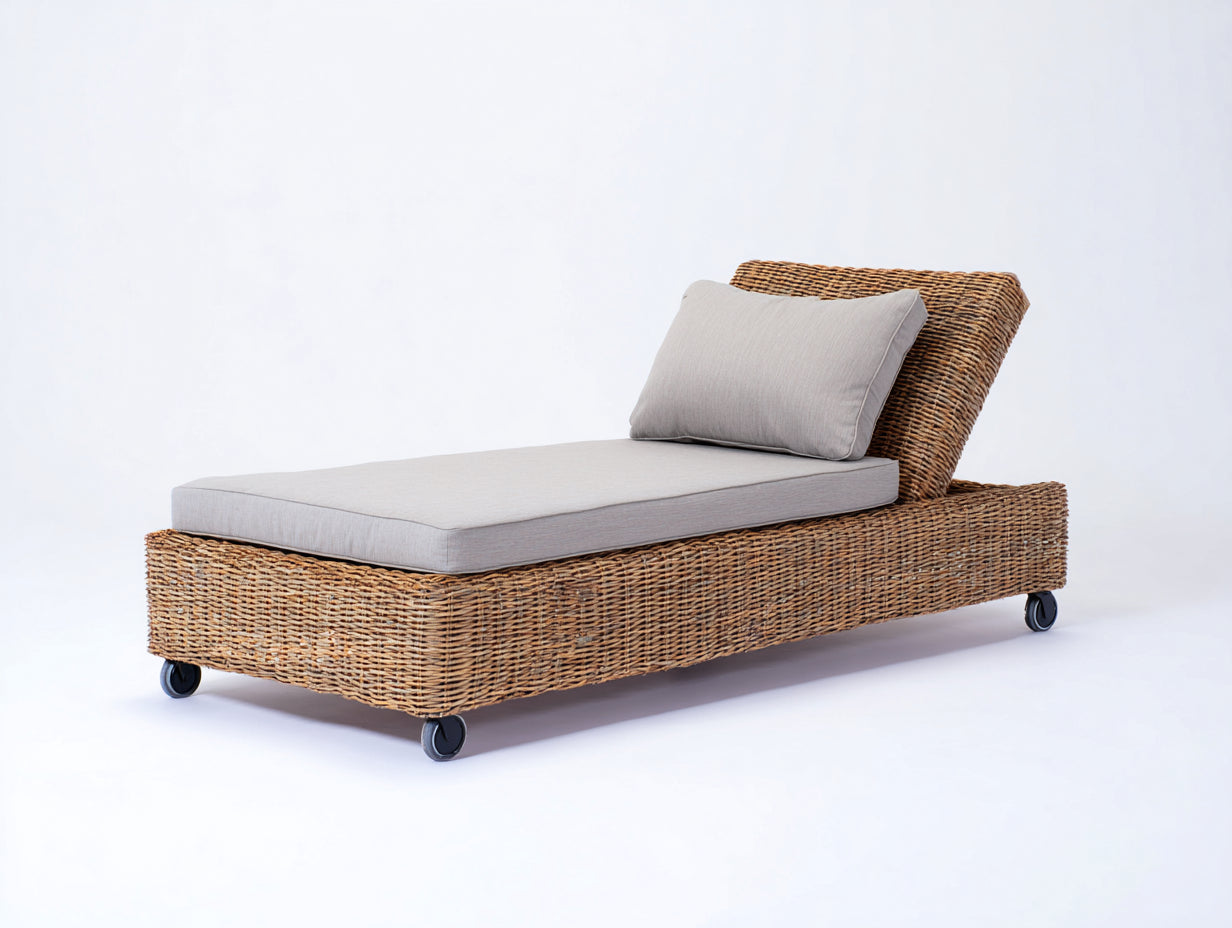 Lettino prendisole - Rattan-Tessuto - 200x78x91 cm - Marrone naturale-Grigio chiaro - Stile mediterraneo con ruote