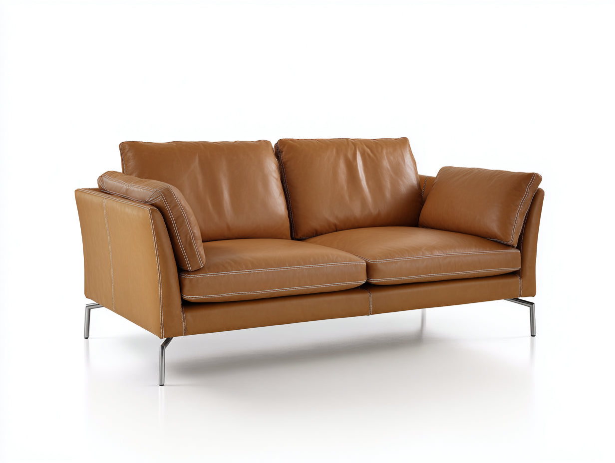 Divano a due posti - Pelle-Metallo - 182x88x82 cm - Cognac-Argento - Stile minimalista con base rialzata