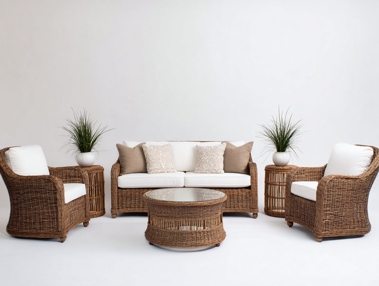 Divani da esterno - Rattan sintetico-Vetro-Tessuto - 188 x 84 x 86 cm - Marrone-Bianco - Design classico