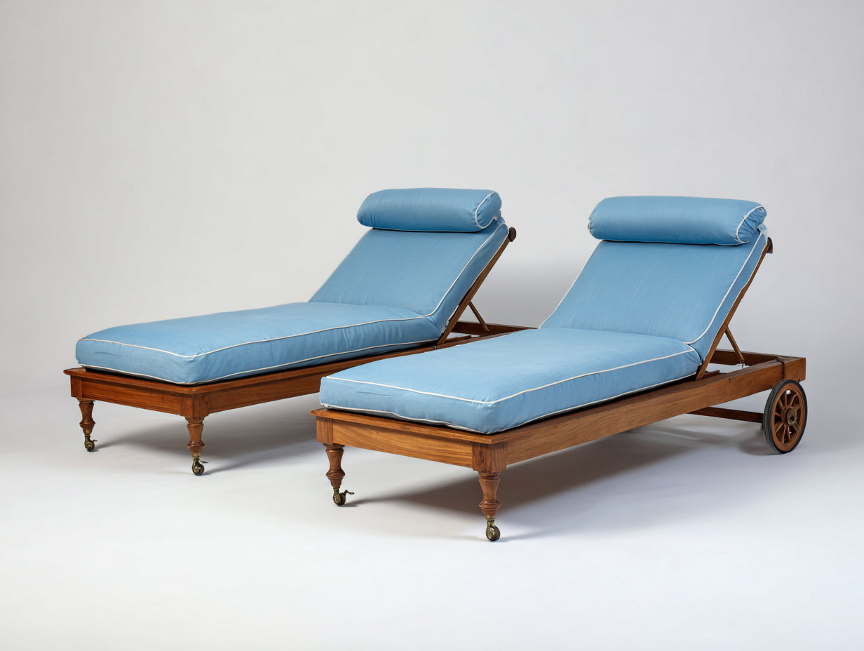 Lettino prendisole - Legno massello-Tessuto - 202x74x91 cm - Noce medio-Azzurro cielo - Stile classico con ruote