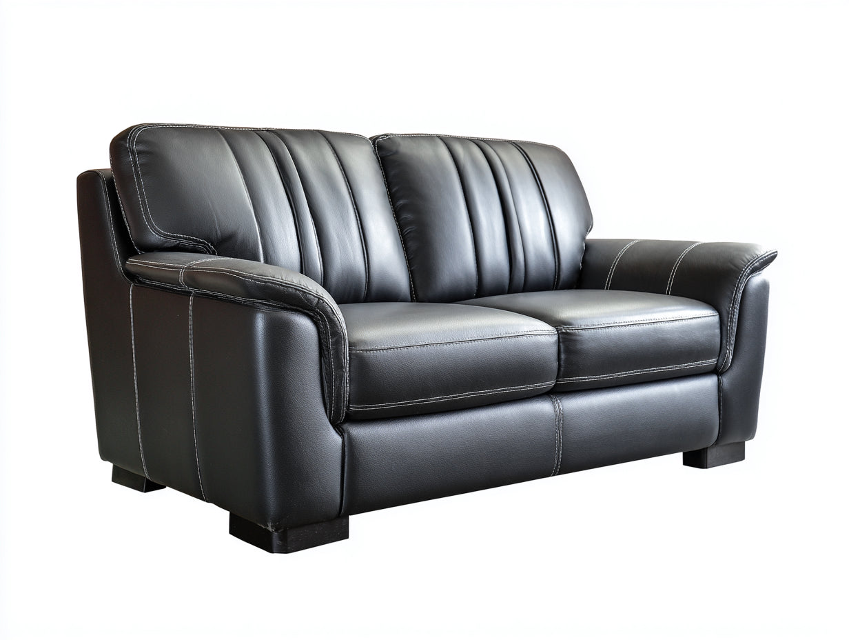 Divano a due posti - Pelle - 176x92x90 cm - Nero - Stile classico con schienale scanalato