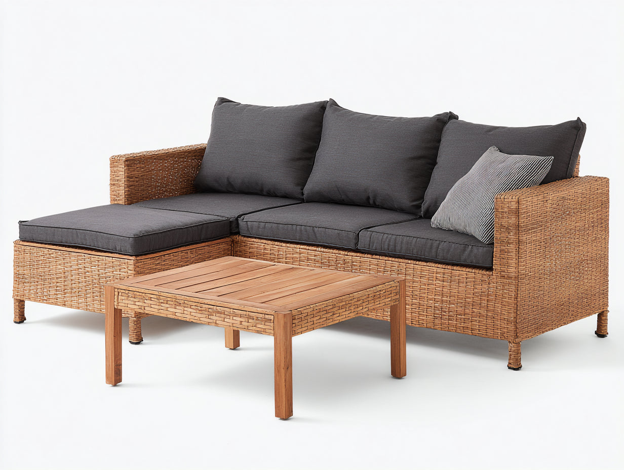 Divani da esterno - Rattan sintetico-Legno-Tessuto - 252 x 160 x 79 cm - Naturale-Antracite - Design moderno