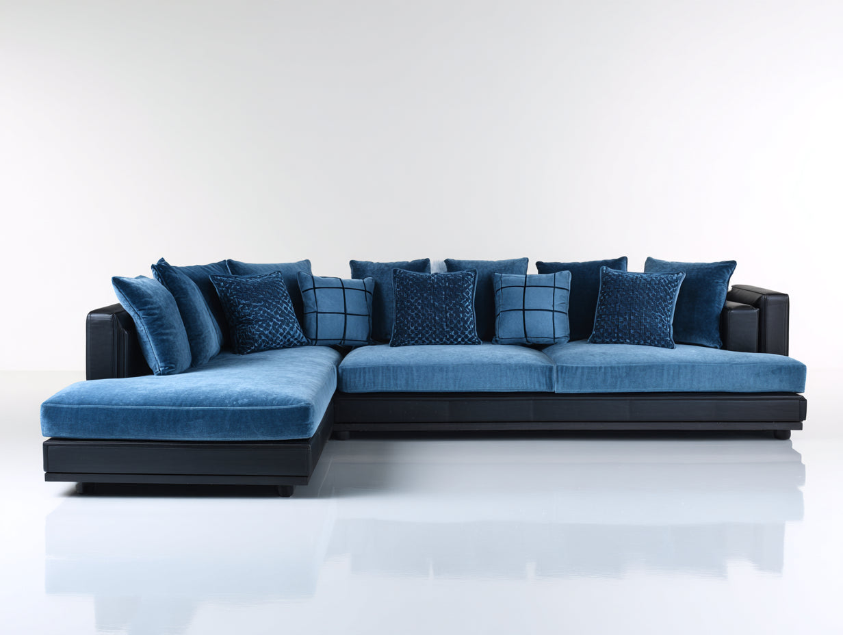 Divano angolare - Velluto-similpelle - 304x176x85 cm - Blu-Nero - Stile moderno