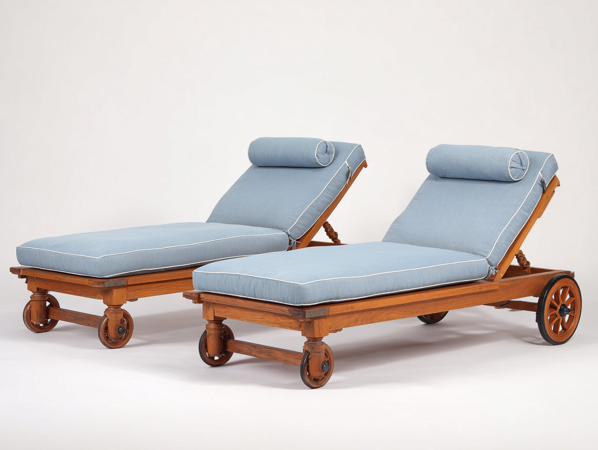 Lettino prendisole - Legno massello-Tessuto - 205x76x94 cm - Noce caldo-Azzurro polvere - Stile coloniale con ruote