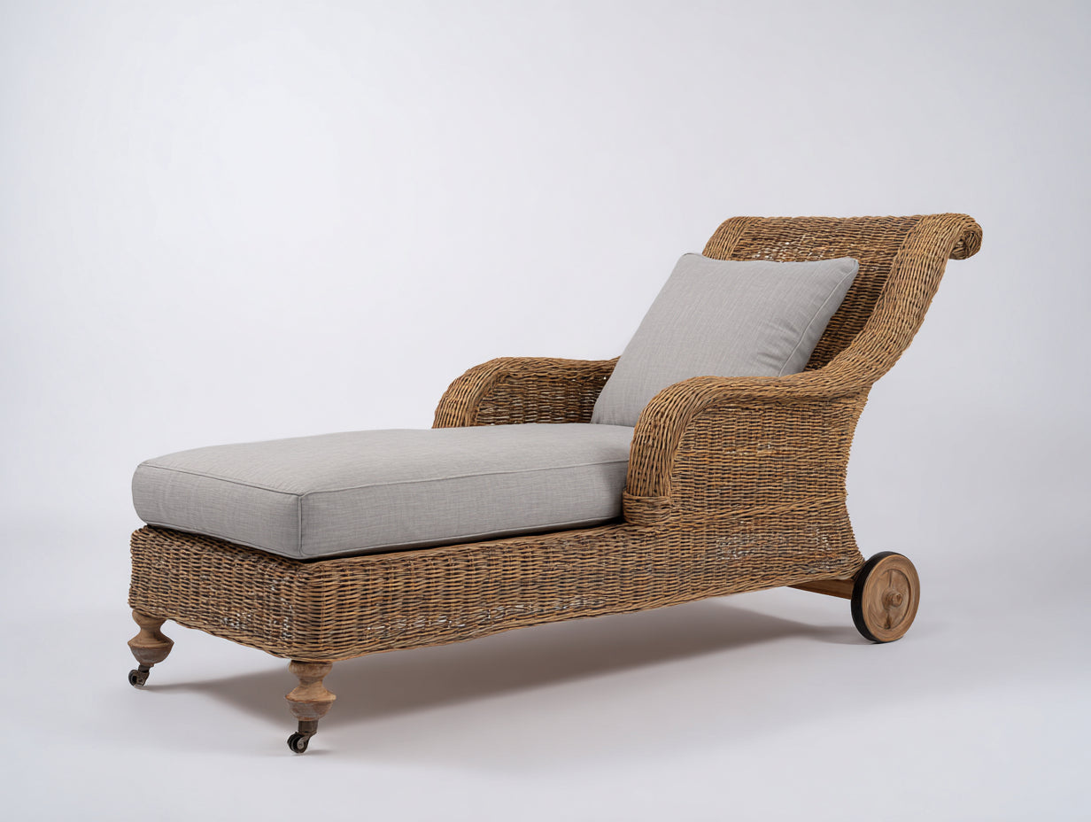 Lettino prendisole - Rattan sintetico-Legno-Tessuto - 204 x 80 x 100 cm - Marrone-Grigio chiaro - Design classico con braccioli e ruote