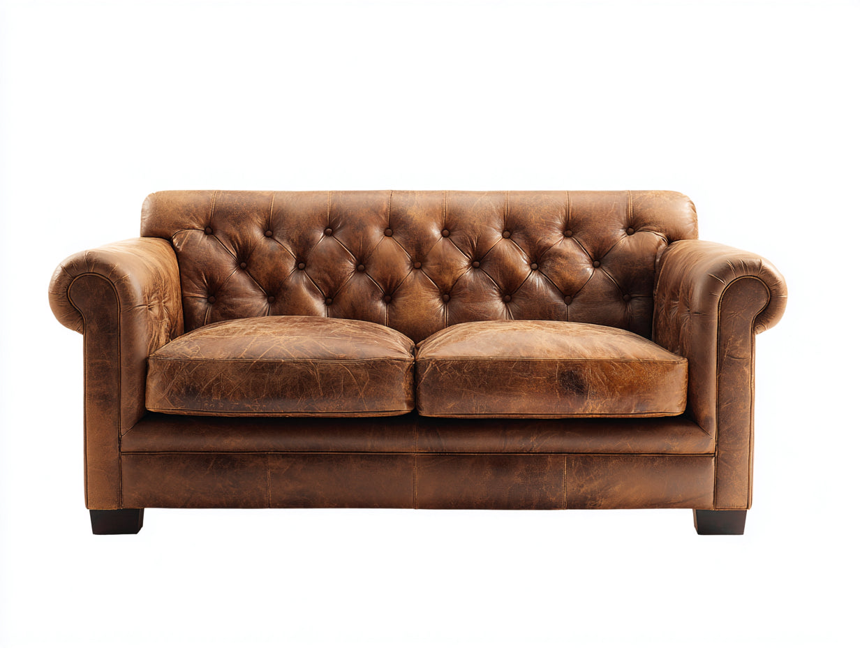 Divano a due posti - Pelle-Legno - 180x94x82 cm - Marrone cuoio-Marrone scuro - Stile Chesterfield con capitonné