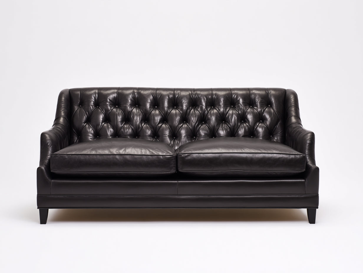 Divano a due posti - Pelle - 188x91x85 cm - Nero carbone - Stile Chesterfield con capitonné