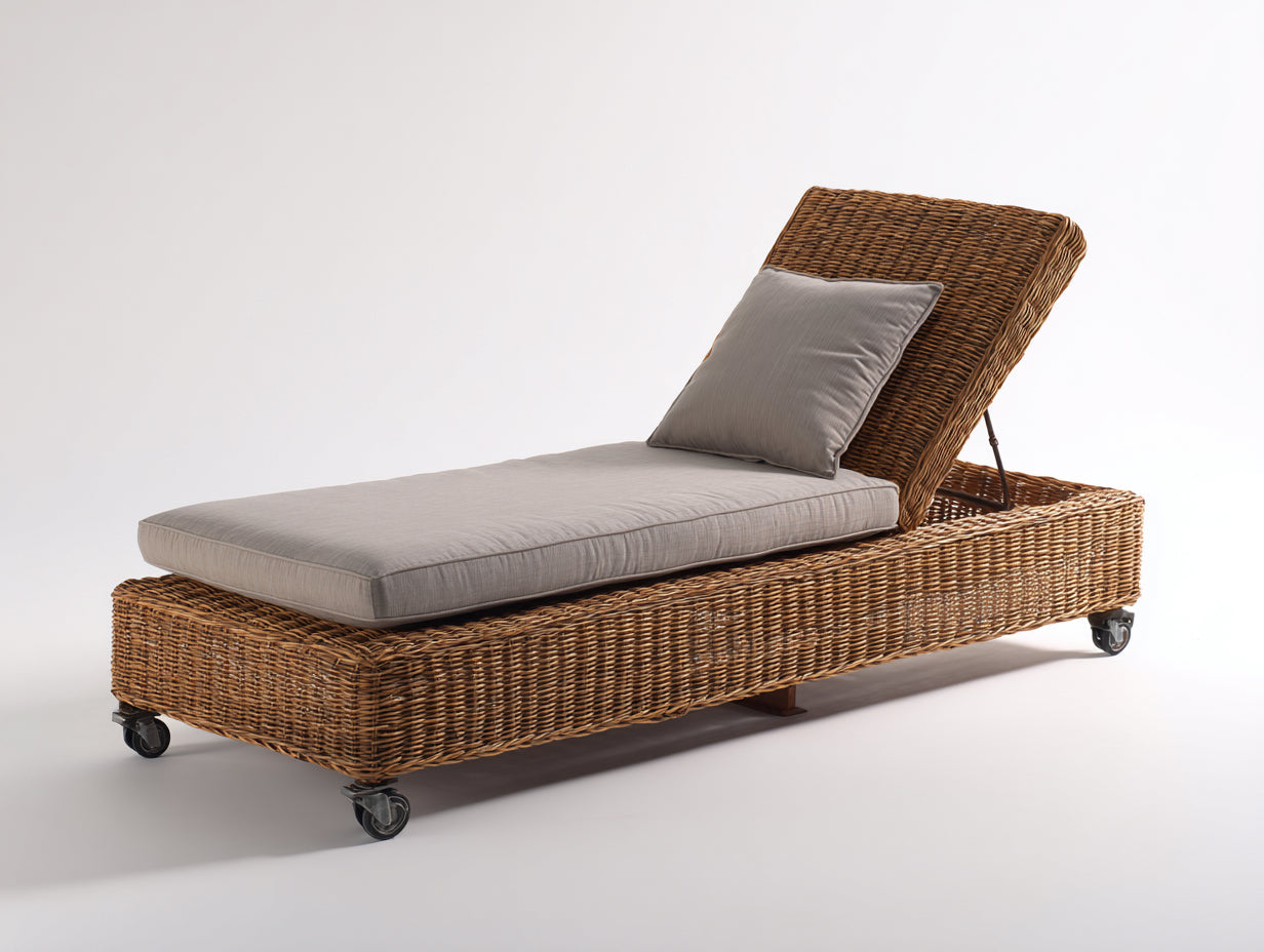 Lettino prendisole - Rattan sintetico-Tessuto - 205 x 72 x 92 cm - Marrone-Tortora - Design moderno con schienale regolabile e ruote