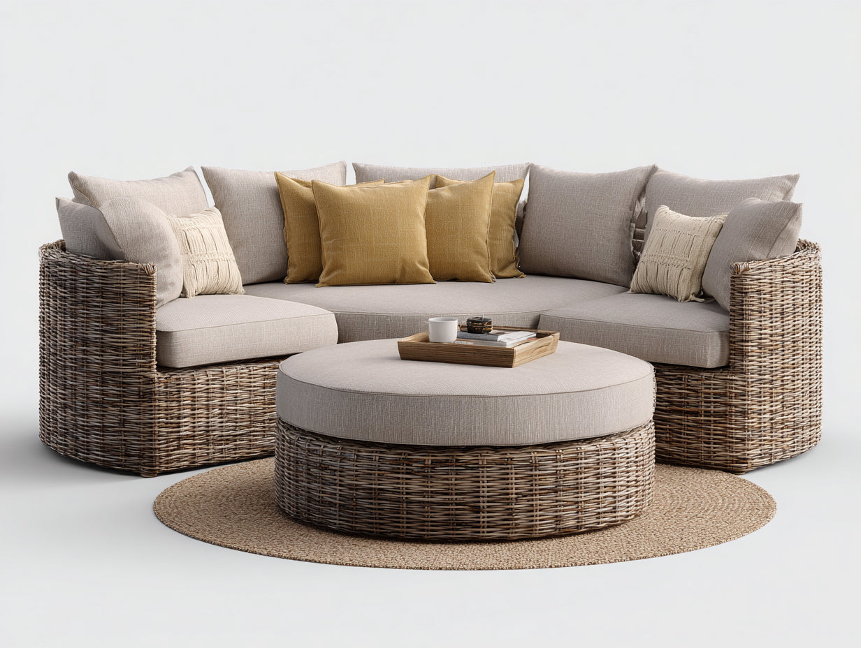 Divani da esterno - Rattan sintetico-Tessuto - 318 x 154 x 82 cm - Marrone-Beige - Design contemporaneo curvo