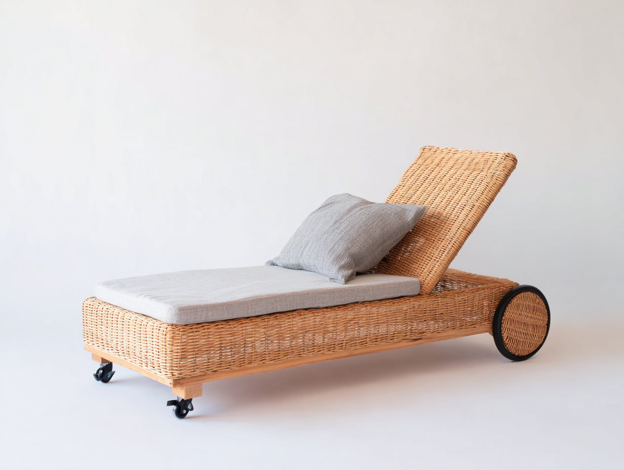 Lettino prendisole - Rattan-Tessuto - 200x72x95 cm - Marrone naturale-Grigio chiaro - Stile moderno con ruote